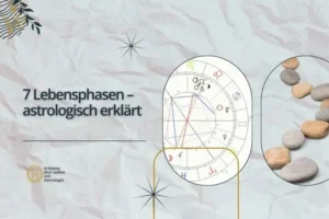 Symbolische Illustration der astrologischen 7 Lebensphasen – Horoskopgrafik und Steine als Metapher für Lebenswege.