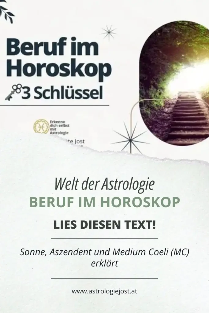 Pinterest-Grafik: Beruf im Horoskop – 3 Schlüssel erklärt. Sonne, Aszendent und Medium Coeli (MC) als Wegweiser für Beruf und Berufung.