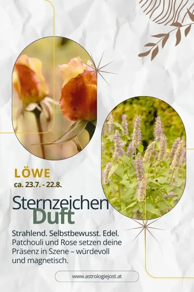 Duftbild für das Sternzeichen Löwe: Patchouli und Rose als Symbol für magnetische Ausstrahlung, Stärke und Selbstbewusstsein. Goldene Farben und botanische Elemente im Hintergrund.