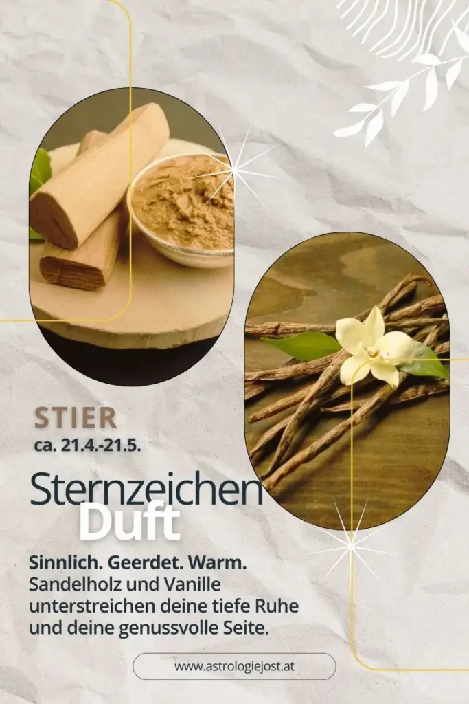 Abbildung zum Sternzeichen Stier mit passenden Düften: Vanille und Sandelholz. Erdige, warme und sinnliche Noten, die Ruhe, Genussfähigkeit und innere Stabilität des Stiers unterstreichen. Zeitraum: 21. April bis 21. Mai.