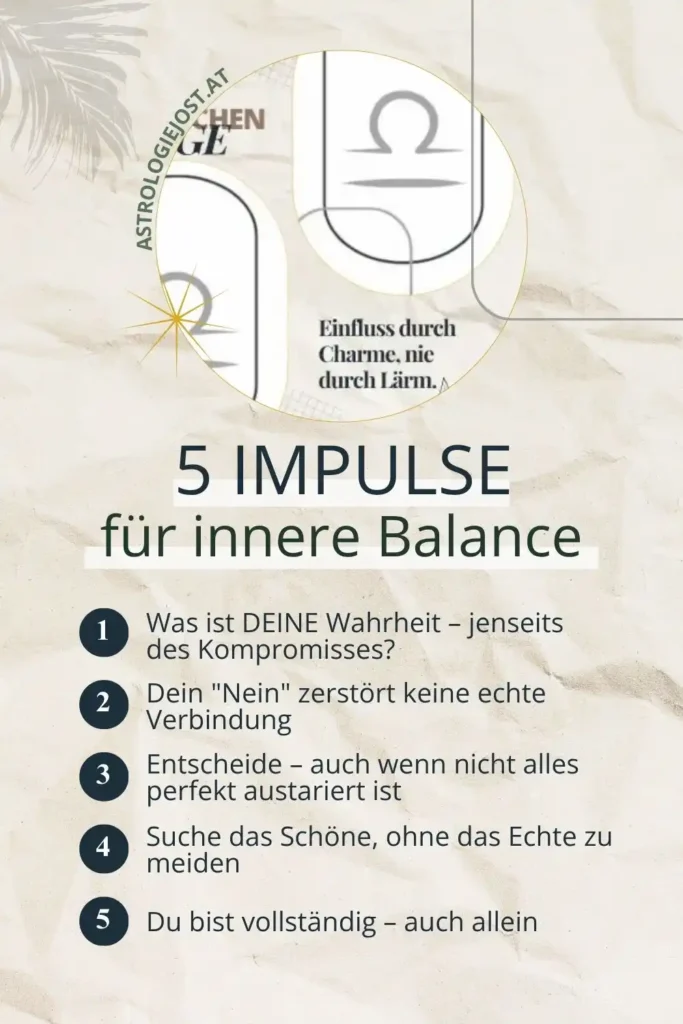 Pinterest-Grafik Sternzeichen Waage: 5 Impulse für innere Balance und Selbstliebe. Tipps für mehr Harmonie und Klarheit mit deiner Waage-Energie.