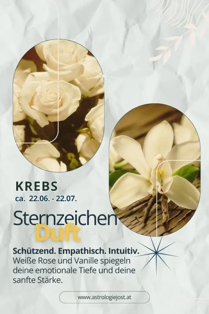 Sternzeichen Krebs Duft – Weiße Rose und Vanille symbolisieren emotionale Tiefe, Geborgenheit und Intuition. Ergänzt mit Sandelholz und Kamille entsteht ein sanfter, schützender Duft, der perfekt zur Krebs-Energie passt.
