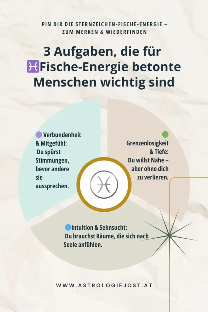 3 typische Aufgaben für Fische-Energie: Verbindung spüren, Gefühle einordnen & innere Stimme ernst nehmen – ideal für feinfühlige, intuitive Menschen mit Sternzeichen Fische.