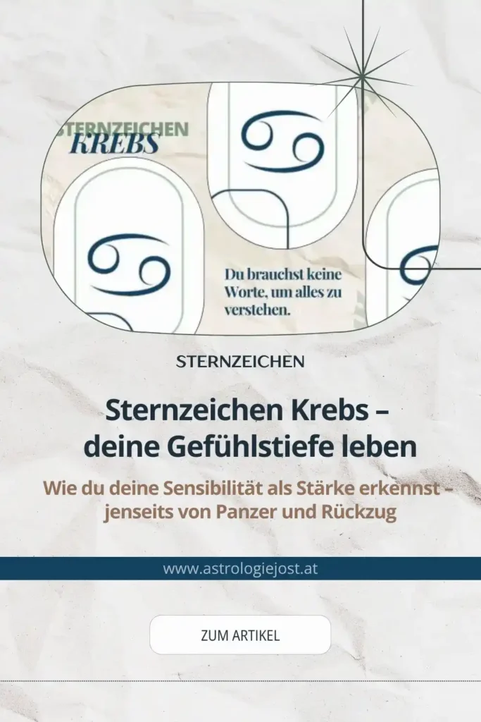 Pinterest-Grafik zu Sternzeichen Krebs mit Zitat „Du brauchst keine Worte, um alles zu verstehen.“ – Symbol für Sensibilität, Intuition und emotionale Tiefe.