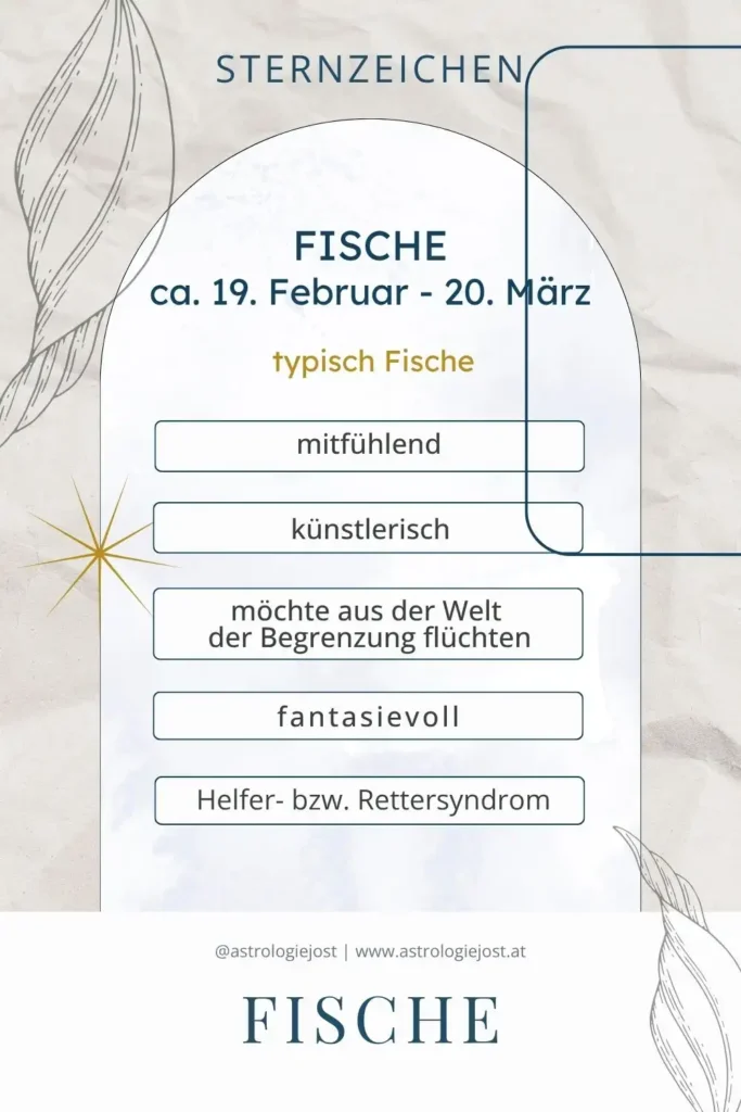 Typische Eigenschaften vom Sternzeichen Fische: mitfühlend, fantasievoll und künstlerisch – mit Sehnsucht nach Rückzug, Freiheit und bedingungsloser Verbindung. Perfekt für feinfühlige Seelen auf der Suche nach mehr Tiefe & Sinn.