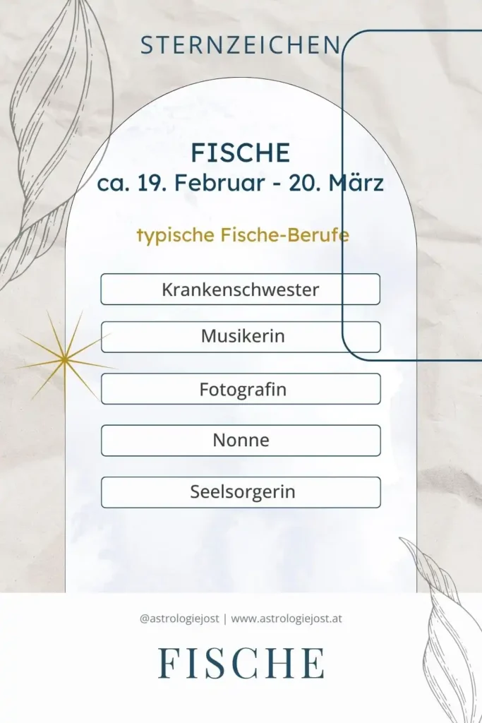 Typische Sternzeichen-Fische-Berufe: spirituelle, kreative und helfende Jobs wie Krankenschwester, Musikerin oder Seelsorgerin – perfekt für feinfühlige Fische-Seelen.