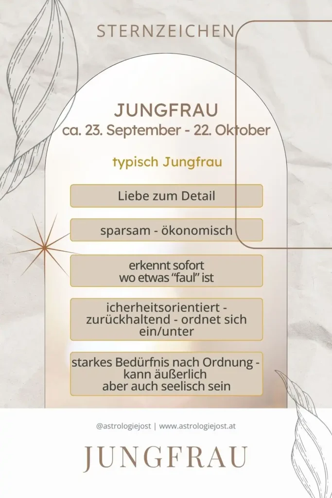 Pinterest-Grafik zu Sternzeichen Jungfrau mit typischen Eigenschaften: Liebe zum Detail, Sparsamkeit, Ordnung, Achtsamkeit und Struktur.