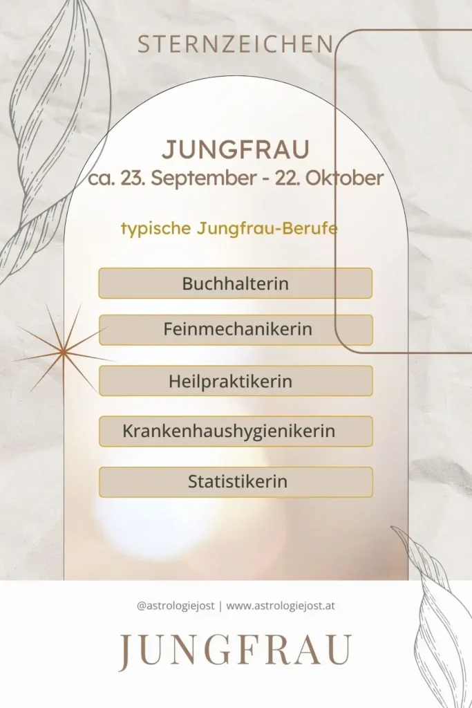 Pinterest-Grafik zu Sternzeichen Jungfrau mit typischen Berufen: Buchhalterin, Feinmechanikerin, Heilpraktikerin, Krankenhaushygienikerin und Statistikerin.