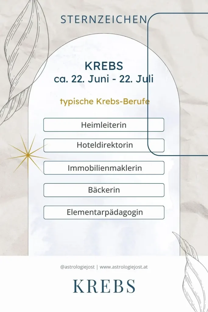 Sternzeichen Krebs Berufe – typische Jobs für Krebs sind Pädagogik, Hotellerie, Gastronomie, Immobilien oder Leitung im sozialen Bereich. Krebs-Energie steht für Fürsorge, Geborgenheit