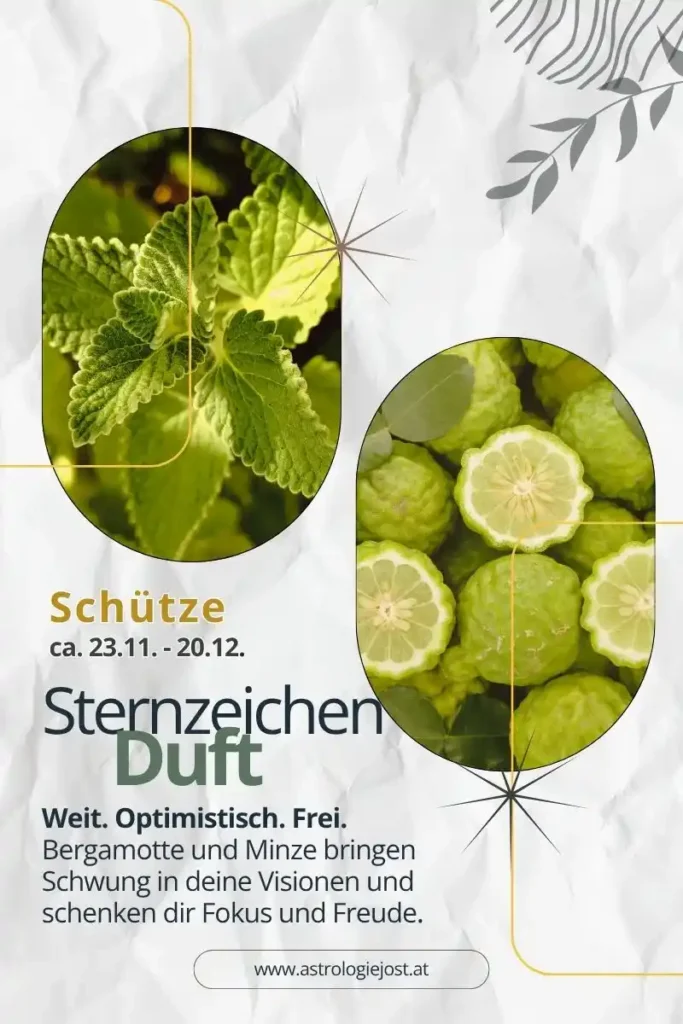 Sternzeichen Schütze Duft mit Bergamotte und Minze – stärkt Fokus, schenkt Schwung, unterstützt Visionen.