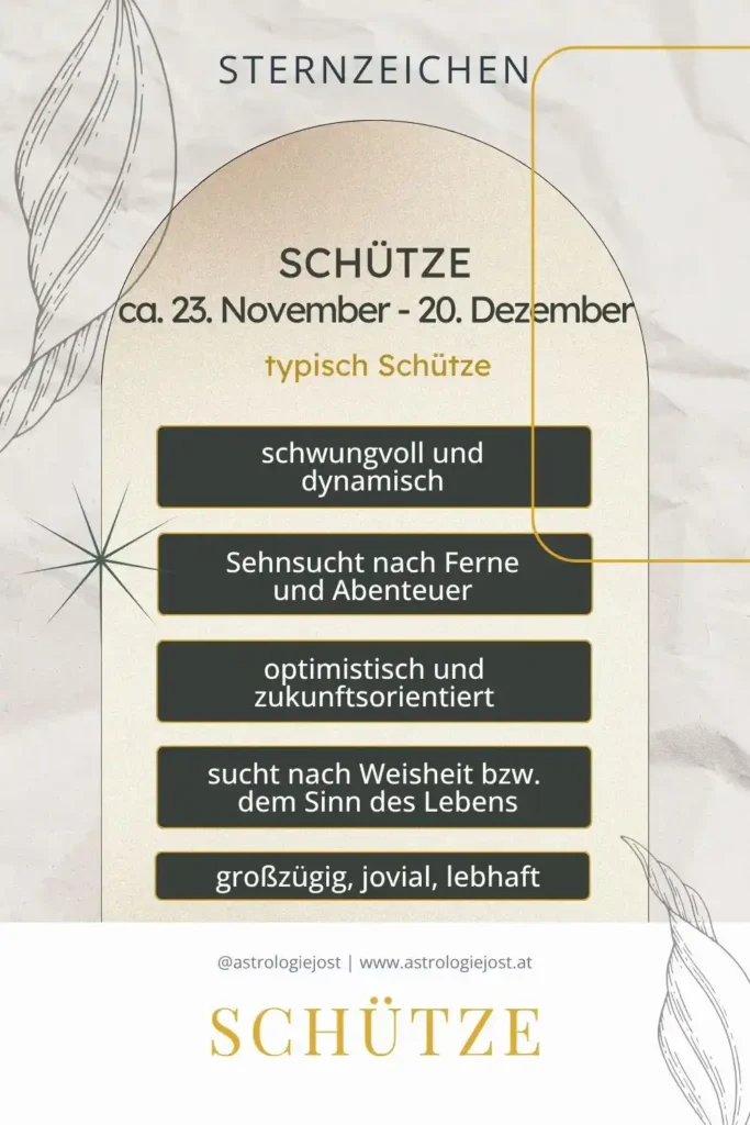 Typische Sternzeichen Schütze Eigenschaften: schwungvoll, abenteuerlustig, zukunftsorientiert, weise, lebensfroh. Ideal für astrologische Inhalte und Pinterest-Pins über das Sternzeichen Schütze.