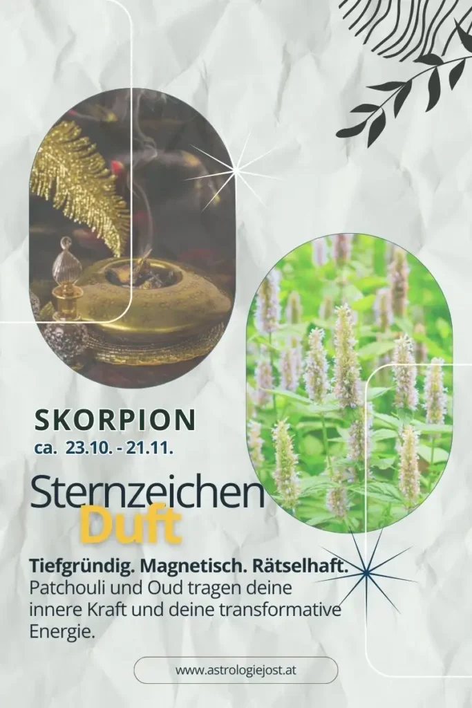 Sternzeichen Skorpion Duft: Patchouli- und Oud-Darstellung in einer astrologischen Grafik mit Pflanzenfoto und Räucherwerk, begleitet von Beschreibung zu Tiefe, Magnetismus und transformierender Energie.