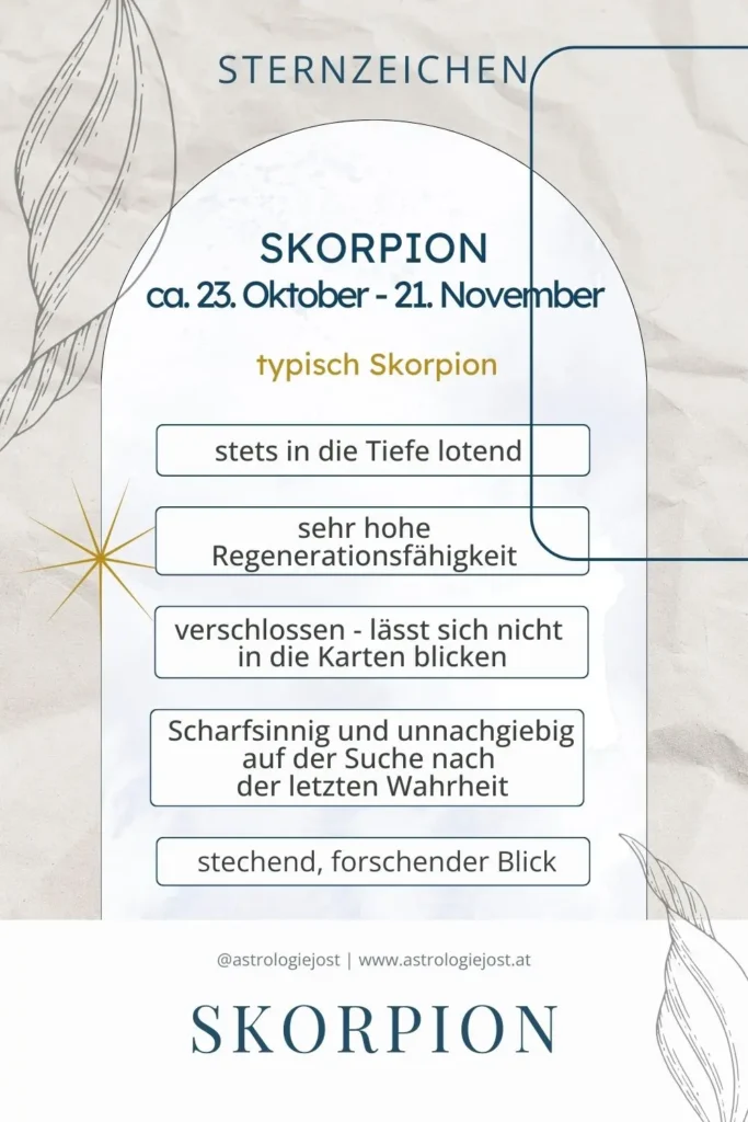 Sternzeichen-Skorpion-Grafik mit Datum 23. Oktober bis 21. November und typischen Skorpion-Eigenschaften wie Tiefgang, Regenerationskraft, Scharfsinn und forschendem Blick auf hellem, minimalistischen Hintergrund.