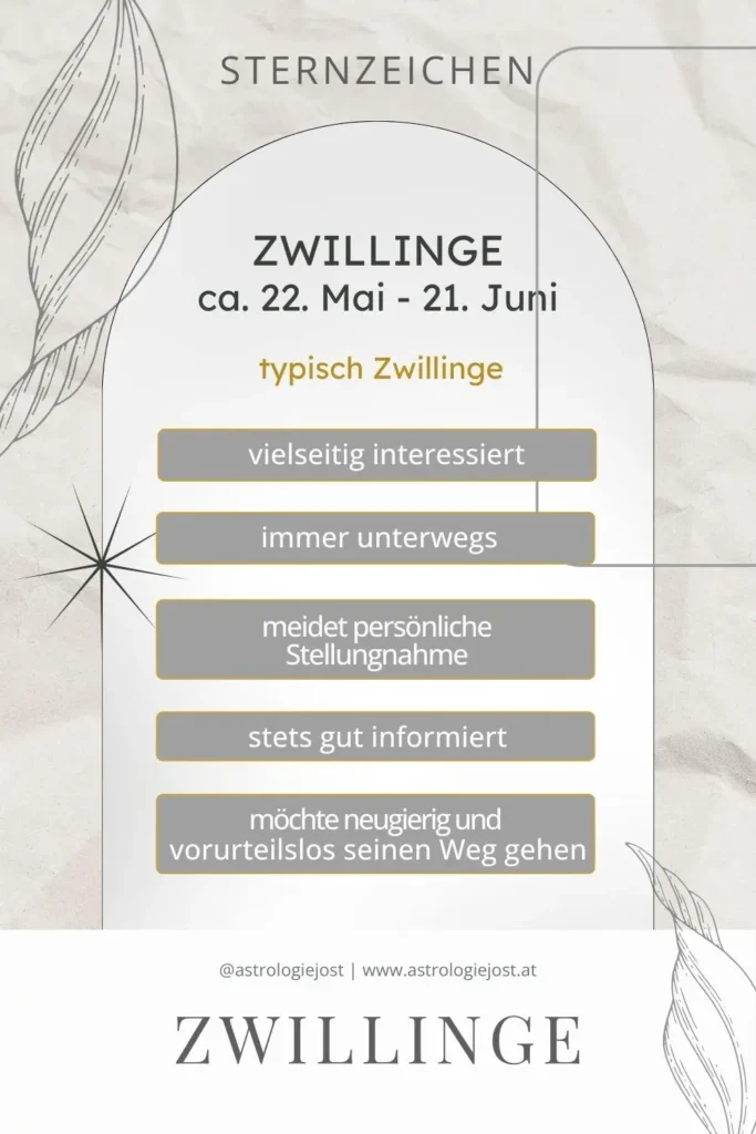 Sternzeichen Zwillinge Grafik mit Datum 22. Mai bis 21. Juni und typischen Eigenschaften wie vielseitig interessiert, unterwegs, gut informiert und neugierig.