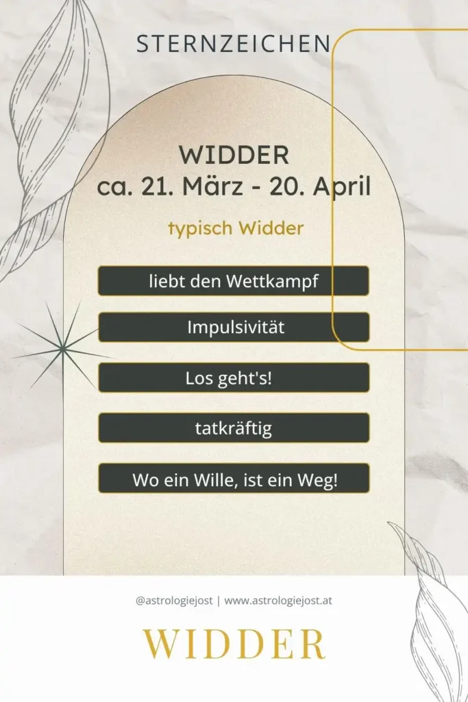 Widder Sternzeichen Übersichtsgrafik mit Zeitraum 21. März bis 20. April und typischen Eigenschaften wie Wettkampfgeist, Impulsivität und Tatkraft.
