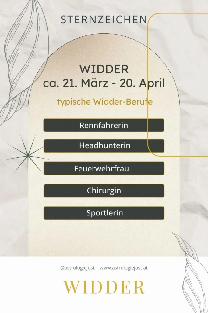 Widder Sternzeichen Infografik mit typischen Widder-Berufen wie Rennfahrerin, Headhunterin, Feuerwehrfrau, Chirurgin und Sportlerin.